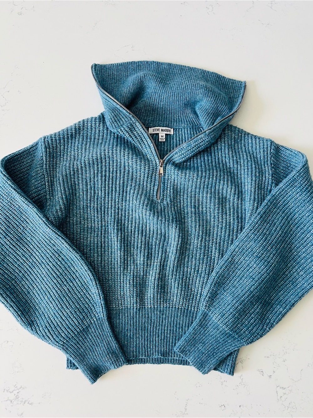 Steve Madden Quarter Zip Half Sweater Balloon Sleeve M Teal Blue